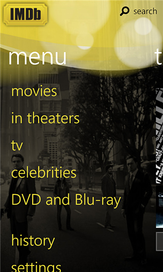 IMDb for Windows Phone in 2012 – Menu