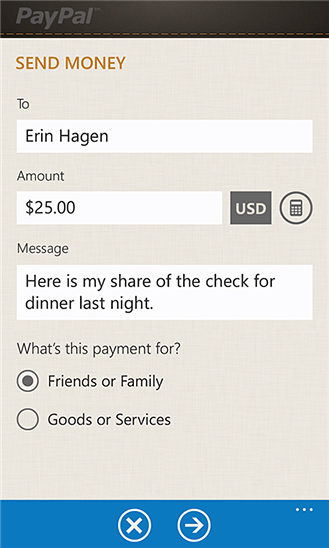 PayPal for Windows Phone in 2012 – Send Money
