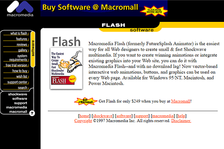 Macromedia website and Flash 1.0 in 1997